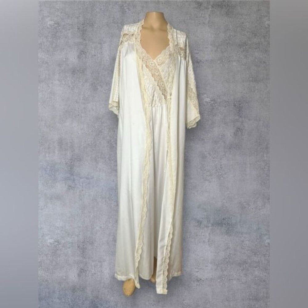 Vintage Victoria's Secret Ivory Satin Peignoir & Nightgown Set - Size M - Picture 2 of 12